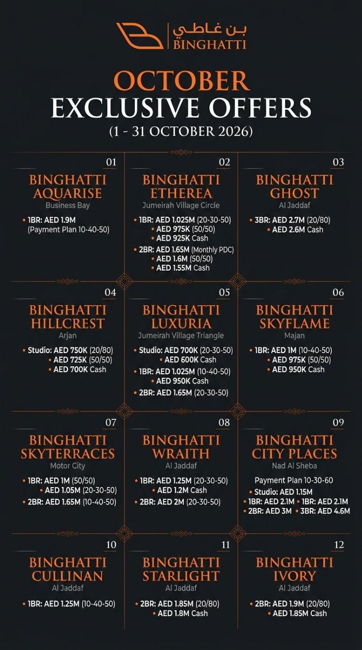 Binghatti October Exclusive Offers (1–31 October 2026) — pricing and payment plans across twelve developments